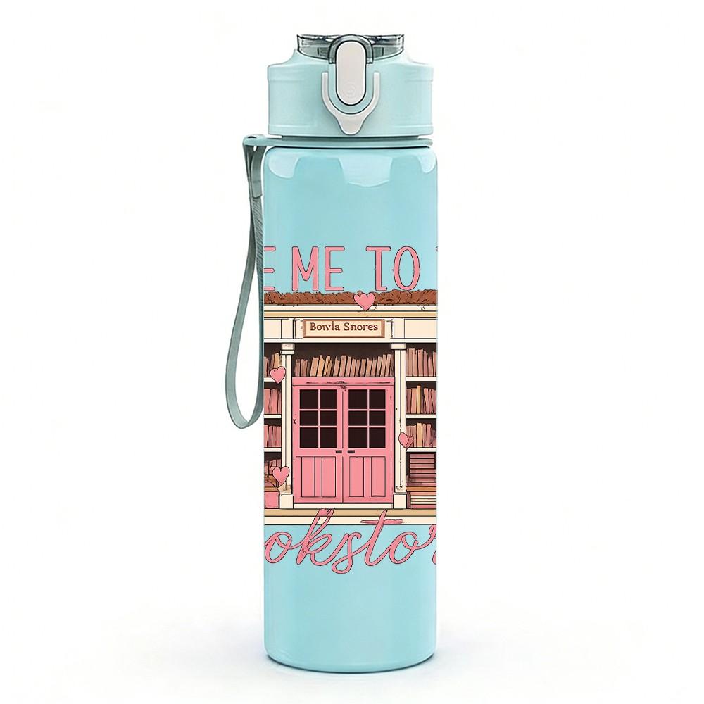 1PC Bookstore Vintage Letter Print 750ml Color Plastic Sports Water Bottle Leakproof Flip Straw Lid Suitable for Sports Office Home Use