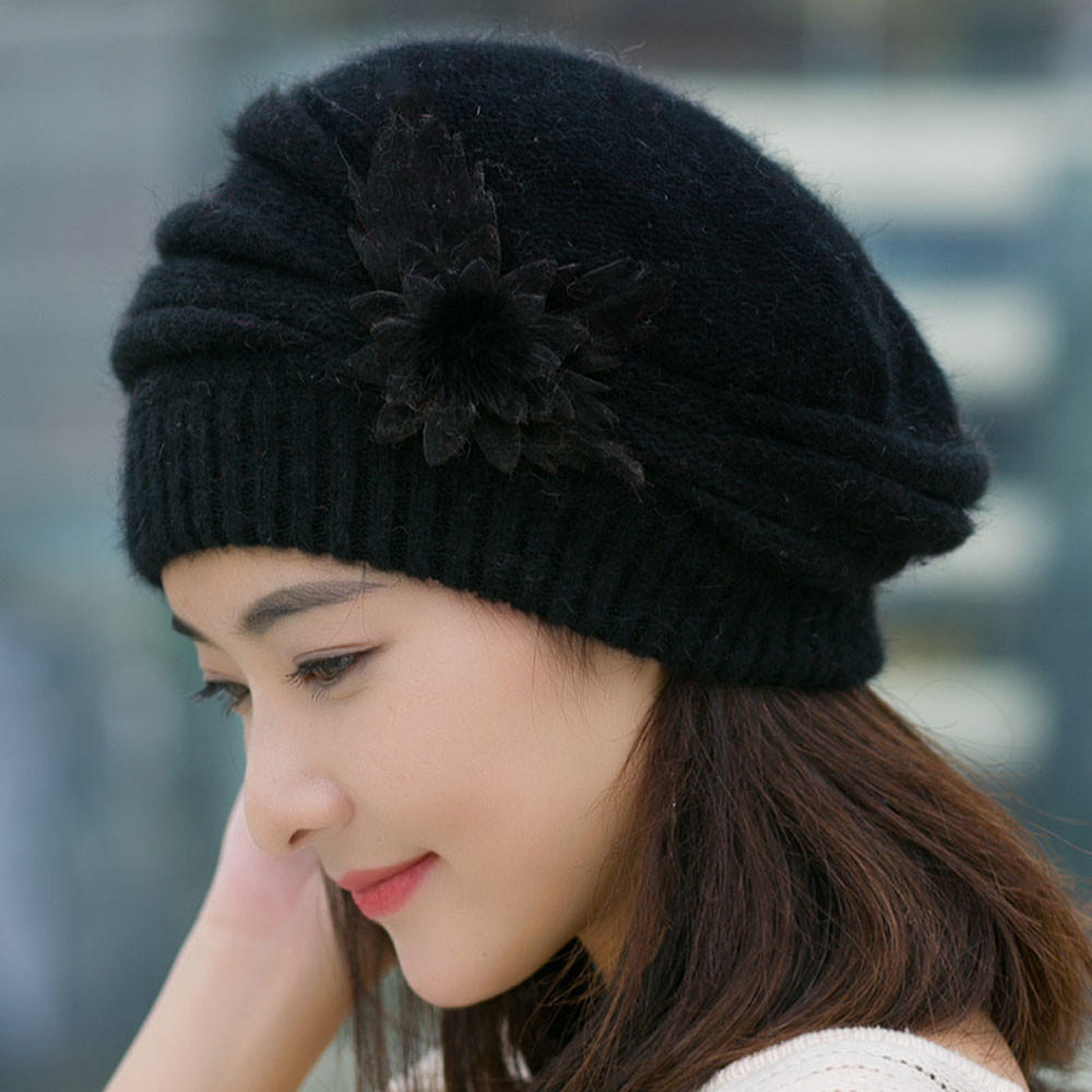 

Fashion Womens Flower Knit Crochet Hat Winter Warm Cap Beret Black