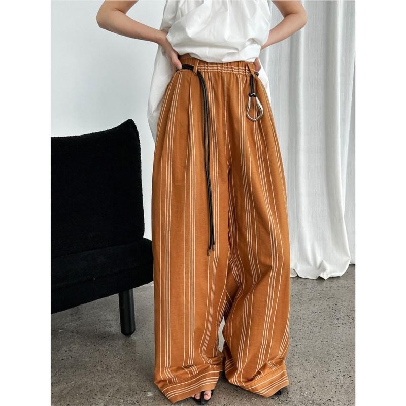Johnature Casual Striped Elasticated Waist Pants Women Summer With Belt Lazy Wide-leg Trousers