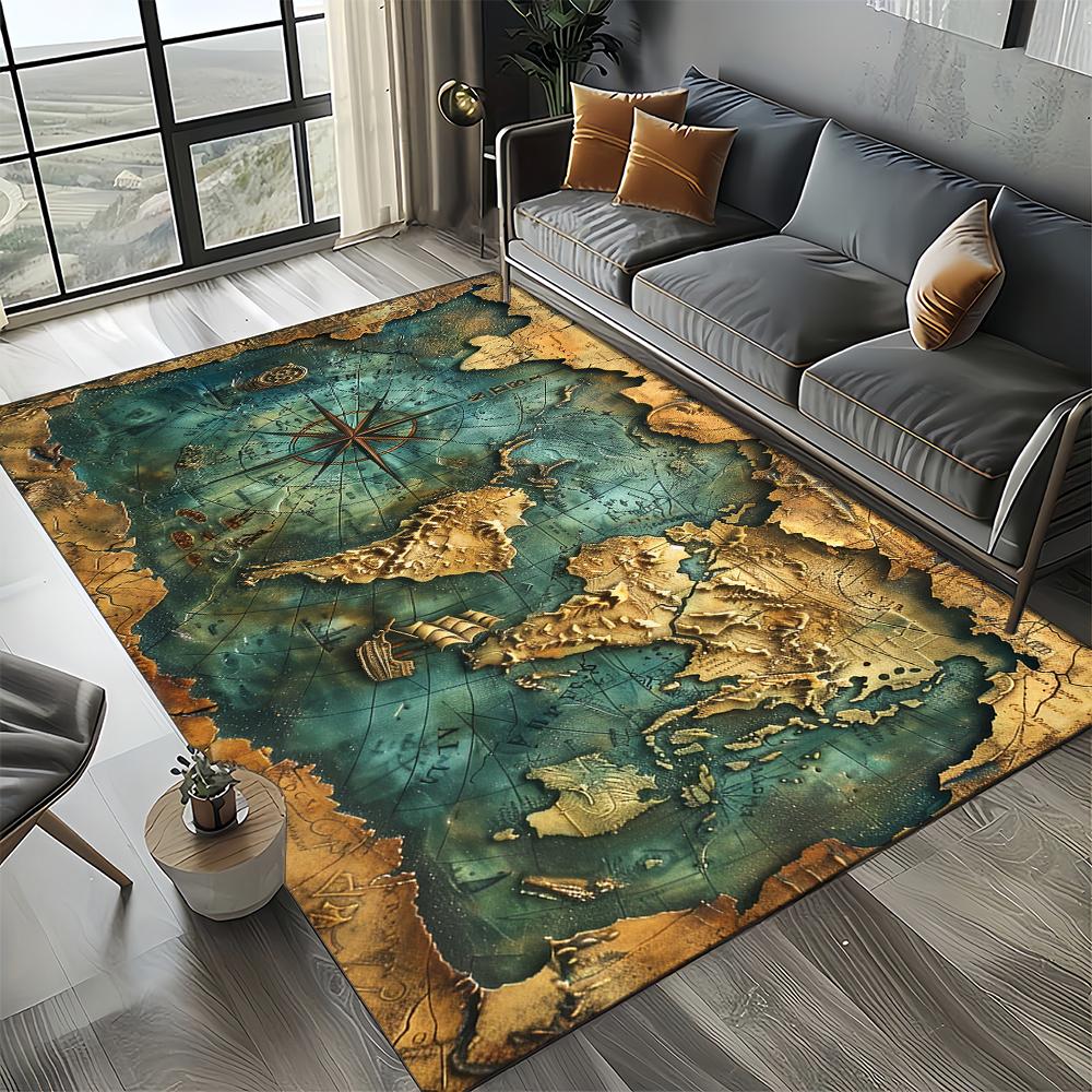 2025 New Style Retro Marine Nautical Chart Compass Carpet Rug for Home Living Room Bedroom Sofa Doormat Decor,Non-slip Floor Mat