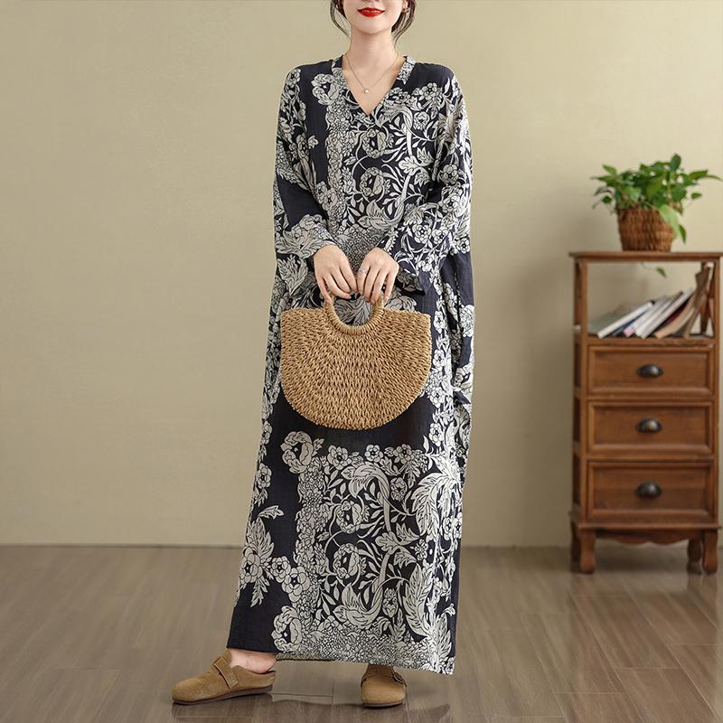 Dimanaf 2025 Women Plus Size Spring Long Dress Loose V-Neck Printing Vintage Casual Floral Oversize Long Sleeve 5027