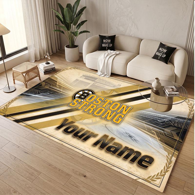 Custom Rug Boston Bruins Pattern Print Name Text Soft Non‑Slip Floor Carpet for Home Indoor Decoration