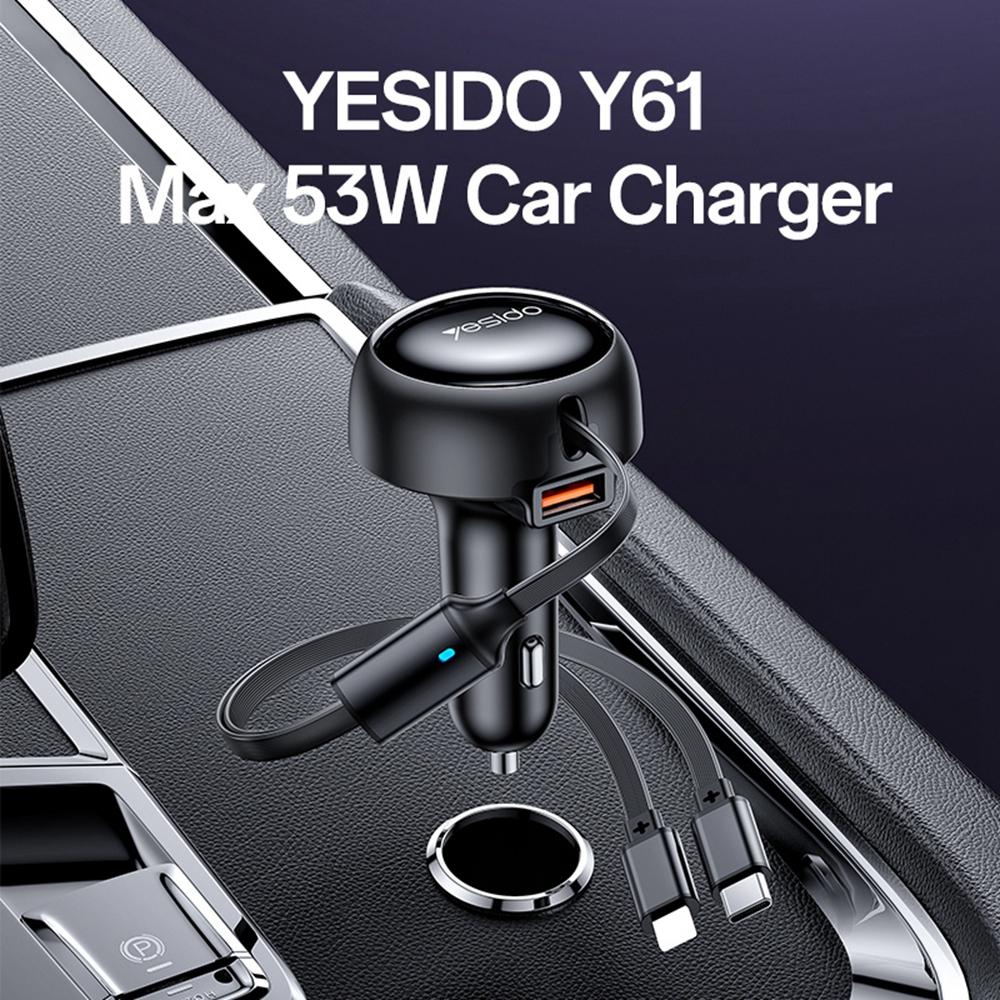 

YESIDO Y61 53W Fast Charging Car Charger with USB Port and 2-in-1 Retractable Ip+Type-C Cable As Shown A