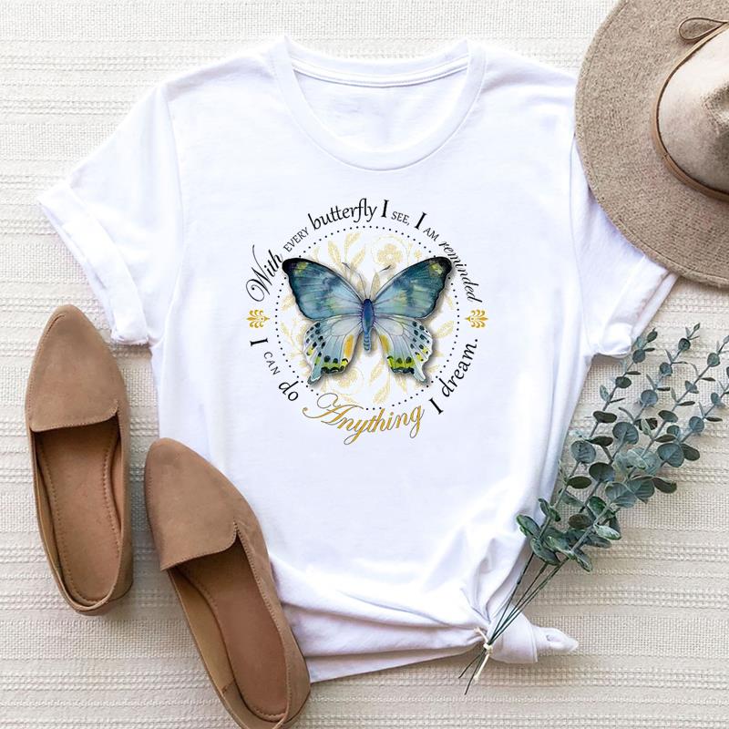 Taille européenne Femme Papillon Mignon Tendance Dessin Animé Mignon Impression Tee Haut Mode T-shirt Femme Vêtements T Manches Courtes T-shirts Graphiques