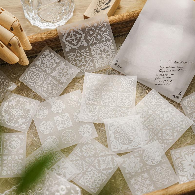 30-Piece White Translucent Lace Sticker Pack, Exquisite Floral & Geometric Patterns with Delicate Embroidery Details