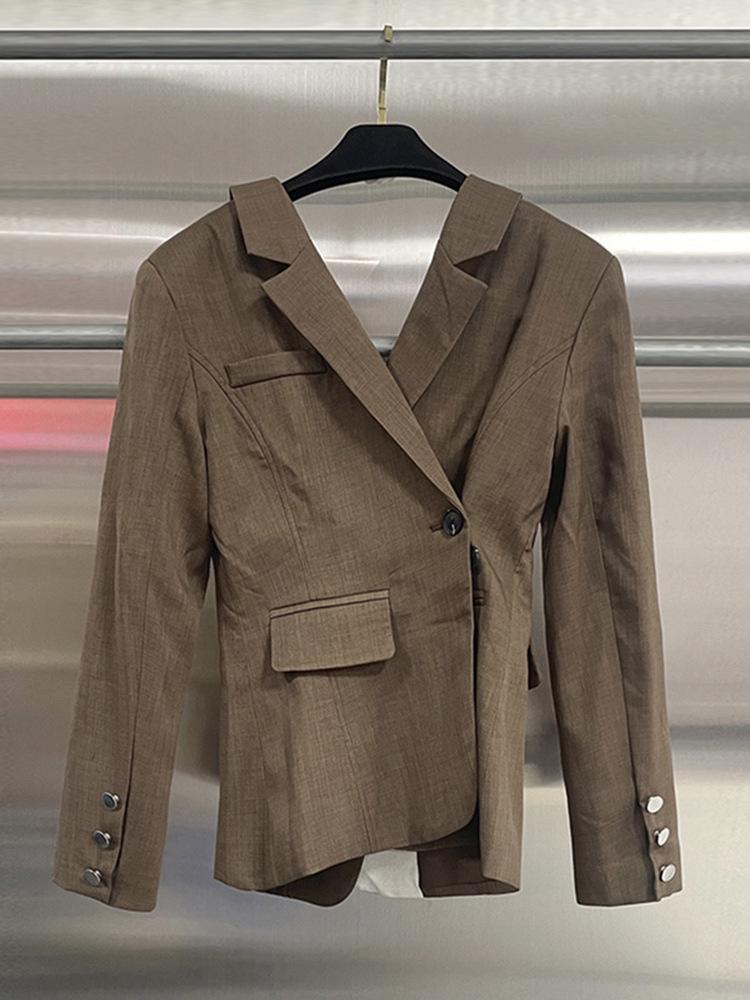 Women's Spring 2026 Slim Fit Brown Color-Block Suit Jacket - Professional & Stylish