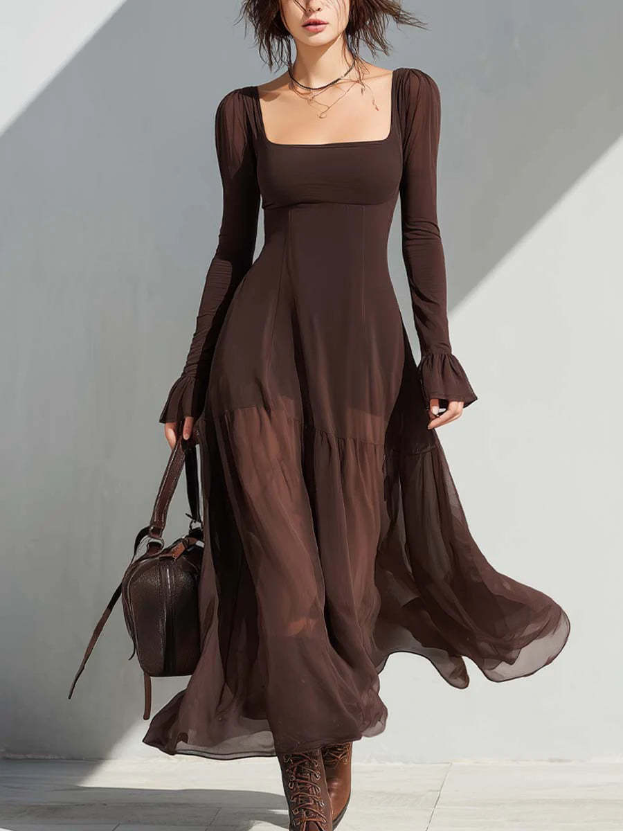Amazon Women s  Spring Fashion Sexy U-Neck Solid Color Long Sleeve Dress XS