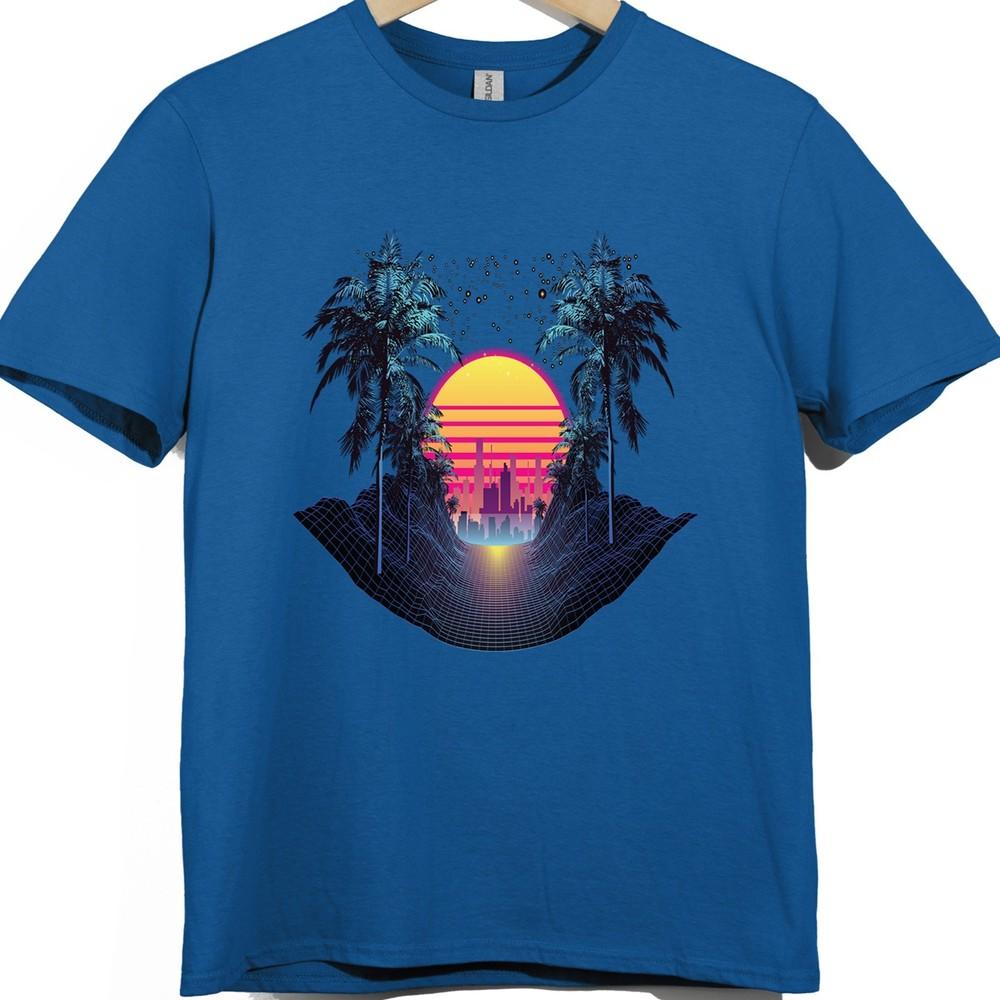 Synthwave T Shirt Retro 80s Neon Sunset City Palm Trees Vaporwave Tee