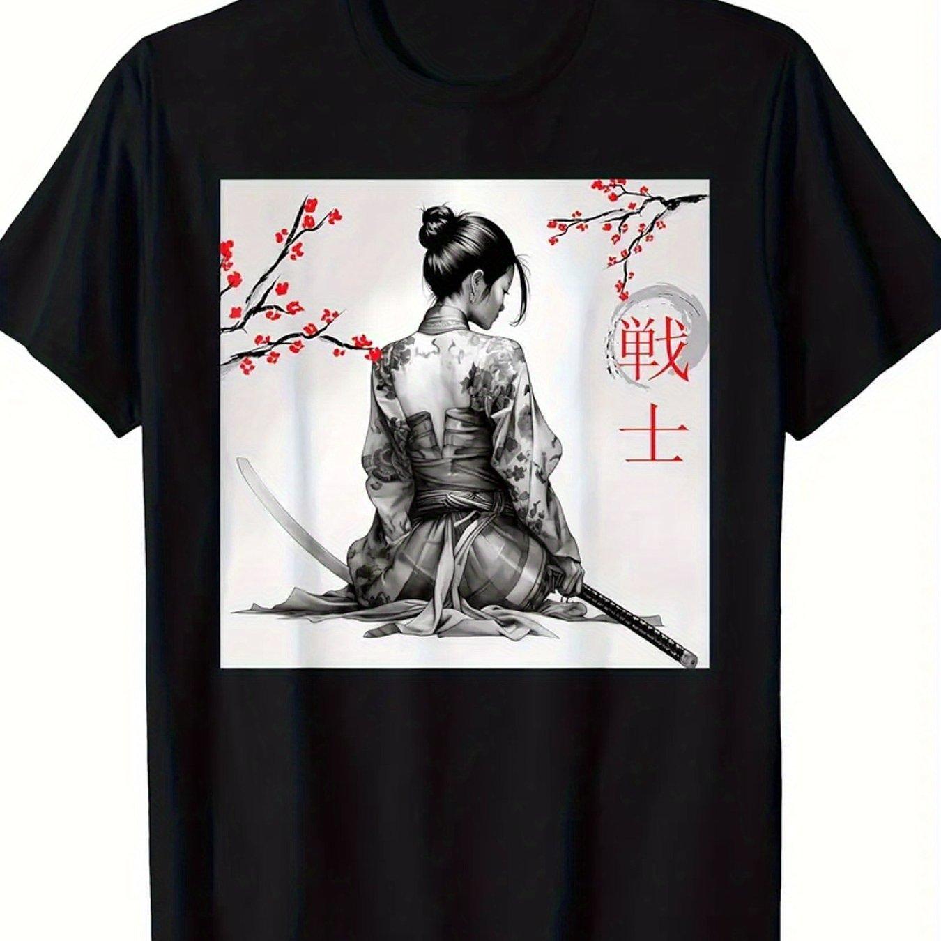 2026Unisexs Cotton TShirt Japanese Samurai Sakura Wood Engraved Crew Neck Regular Short Sleeve XL