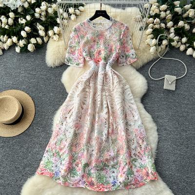 French Chic Elegant Long Dress for Women Crochet Hollow Out Lace Floral Female Dresses O-neck Short Sleeve Vestidos Dropshipping