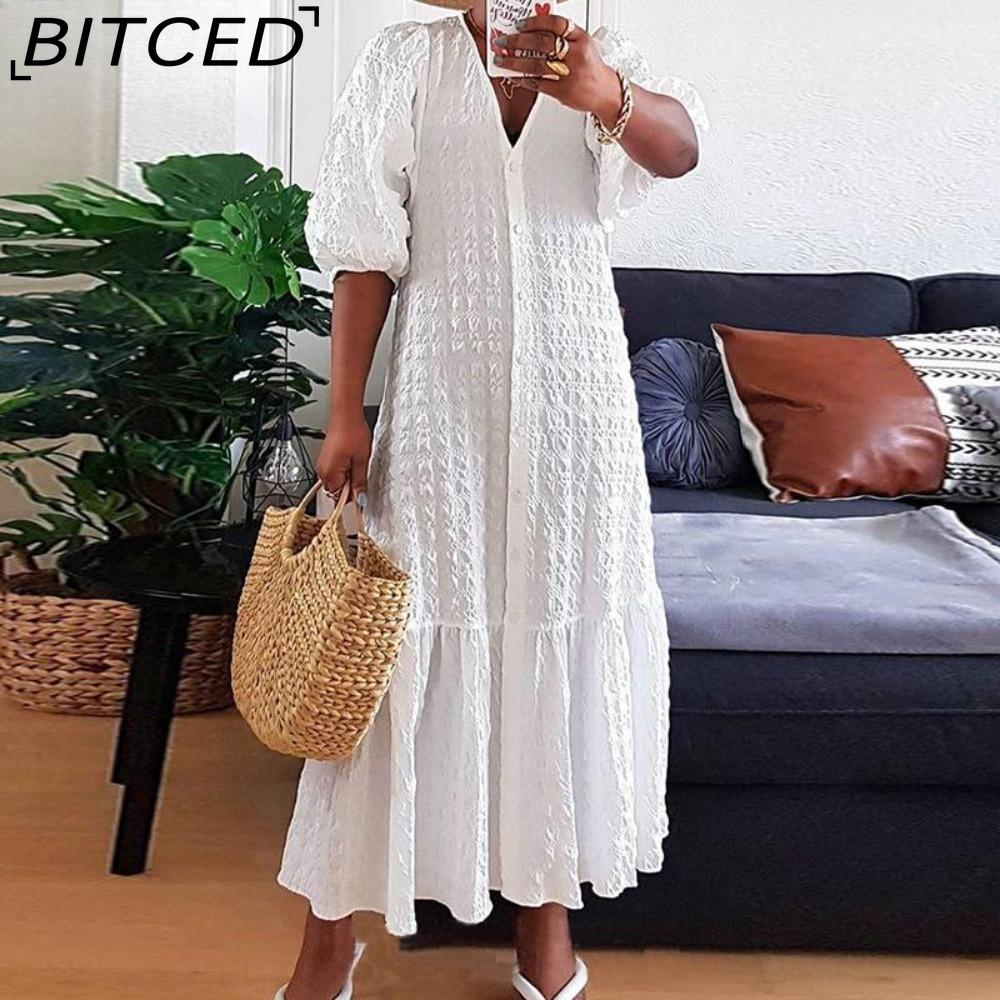 

BITCED Летняя женская туника с оборками и V-образным вырезом, на пуговицах, с тонкими рукавами-фонариками, повседневная свободная длинная рубашка размера плюс S белый