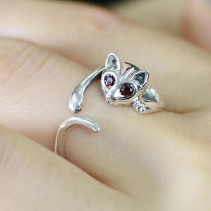 Verstellbarer, offener Fingerring für Damen in niedlicher Tier-Katzenform mit Strasssteinen