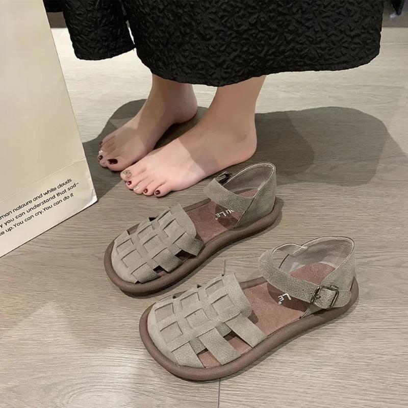 new Women's Summer Zapatillas De Mujer Shoes Square Toe Flat Sandals Leather Women Gladiator Sandals Slip on Ladies Beach Shoes