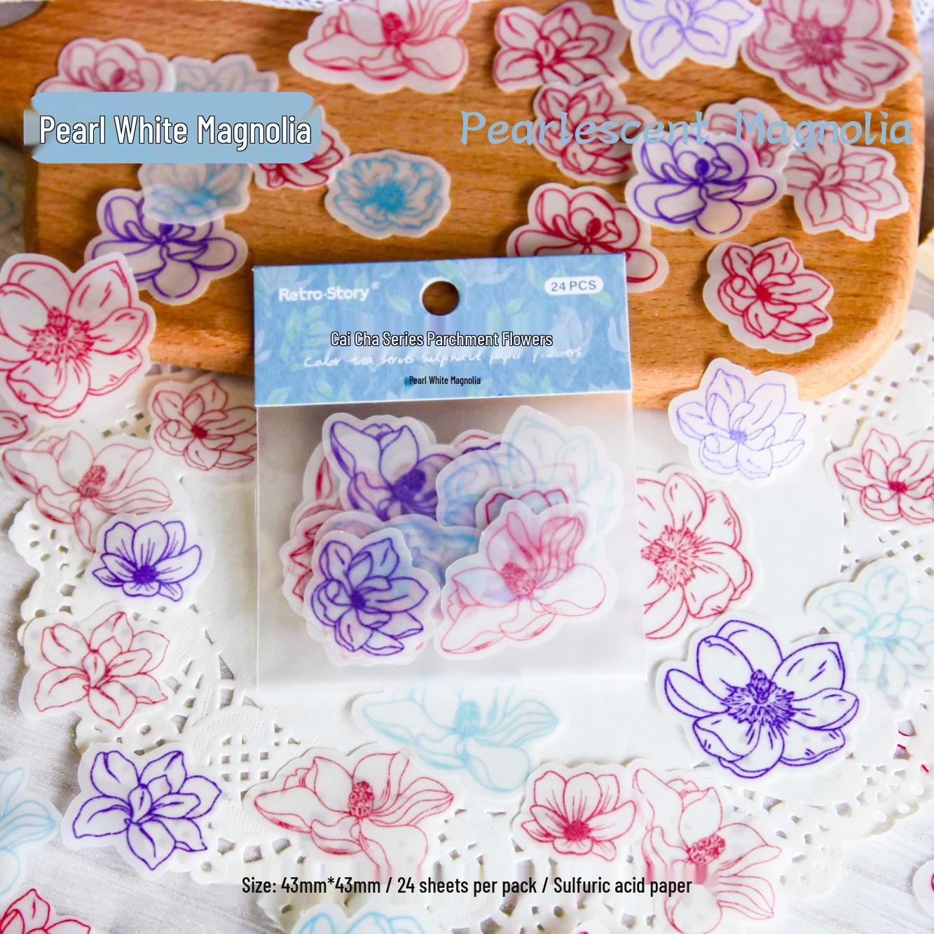 Retro Story Sulfuric Acid Paper Camellia Flower Stickers for DIY Diary and Creative Decoration