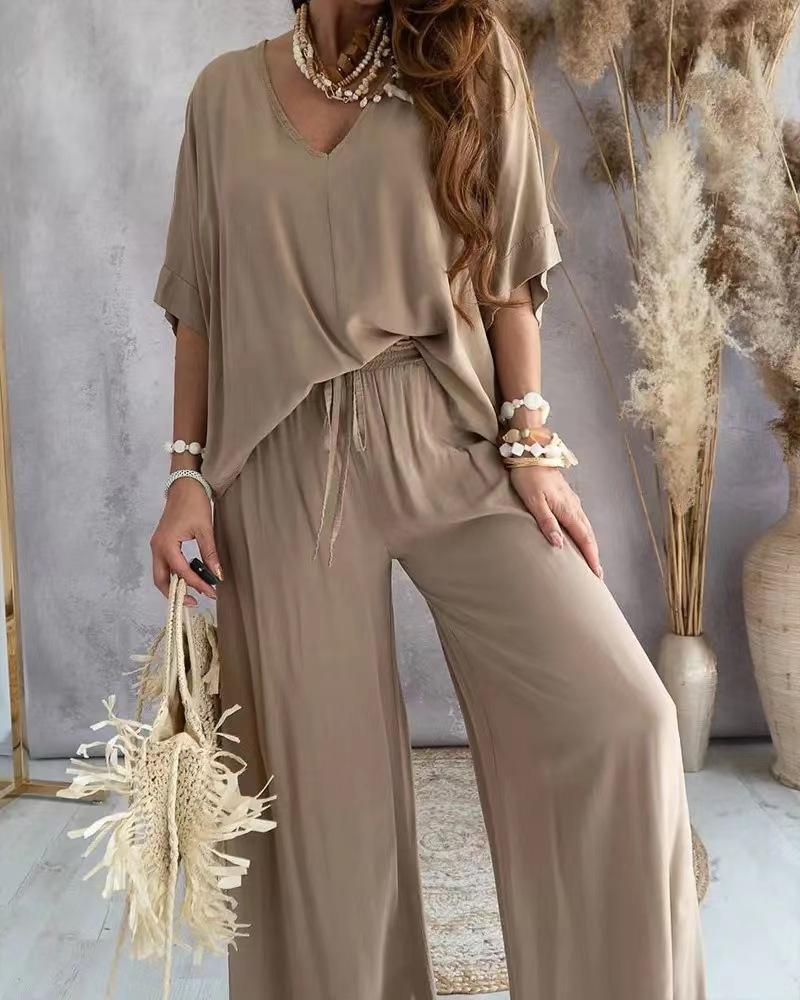 Summer Two Piece Set For Women Long Pant Sets V Neck Bat Sleeve Casual Loose Wide-leg Pants 2 Piece Set Solid Color Outfits