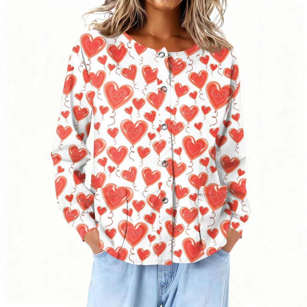 Women Long Sleeve Printed Pocket Working Stand Collar Single-breasted Protective Overalls Cardigan Jacket Top