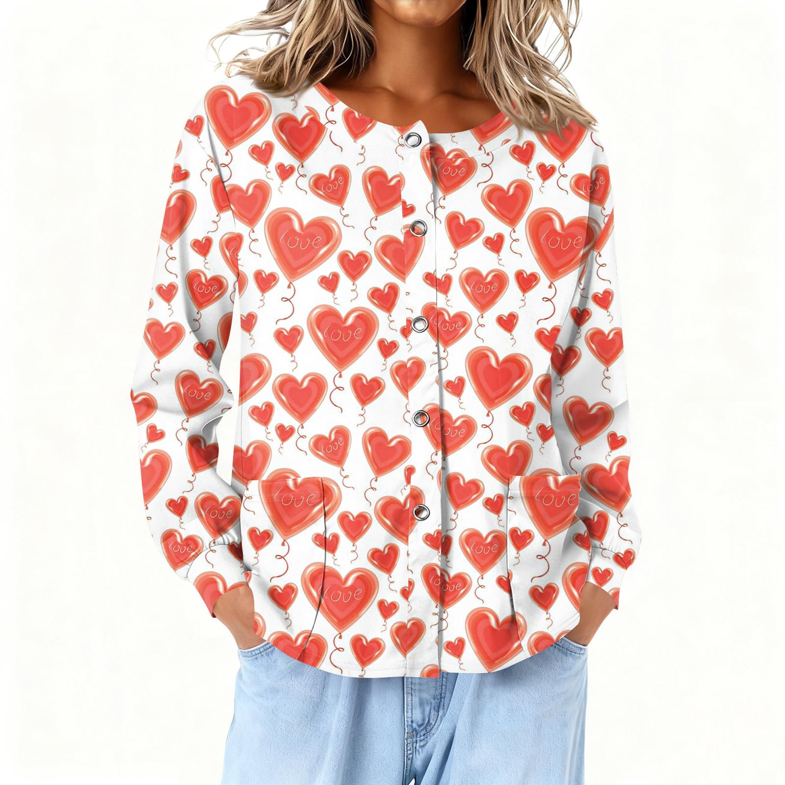 

Women Long Sleeve Printed Pocket Working Stand Collar Single-breasted Protective Overalls Cardigan Jacket Top XL кавун червоний колір