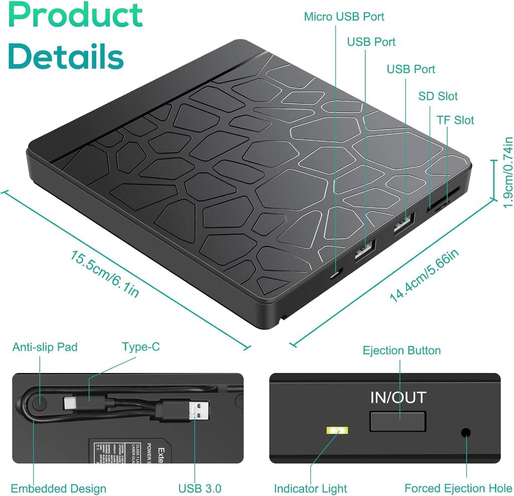 External CD DVD Drive with SD TF Slot & USB Ports, USB 3.0 Type-C Portable CD DVD +/-RW Drive Reader Burner Rewriter for Laptop