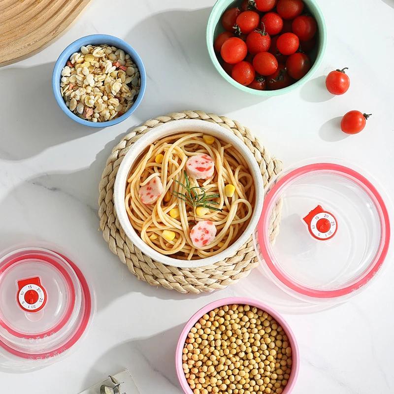 3pcs Wheat Straw Fresh-keeping Bowl Three-piece Set with Lid for Home Microwaveable Plastic Round Lunch Box