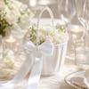 Small Satin Flower Girl Basket for Wedding with Handle, Floral Knot and Foldable Design