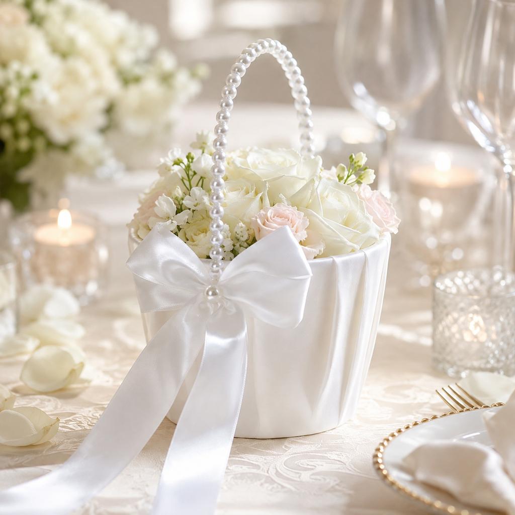 Small Satin Flower Girl Basket for Wedding with Handle, Floral Knot and Foldable Design