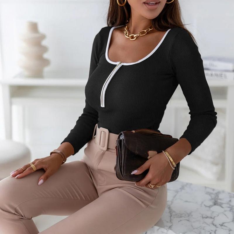 Herbst und Winter Neue Jumpsuits mit eckigem Ausschnitt und Slim Fit T-Shirt Damen Langarm Basic Sexy Romper T-Shirt Frau Uni Lässig Elegant Body Tee 25550