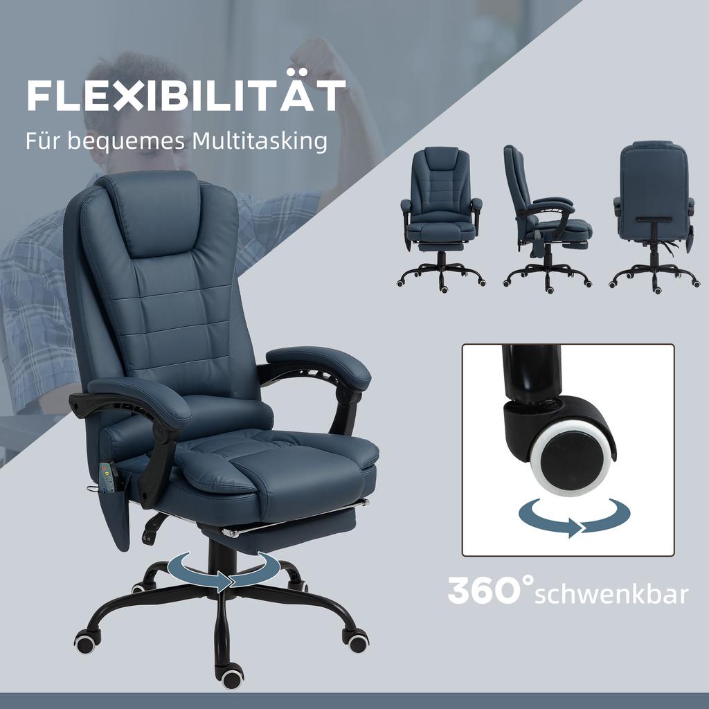 Massage Office Chair, 7 Vibration Points, Adjustable Footrest & Backrest, Up To 120 Kg, Leather Look, Blue