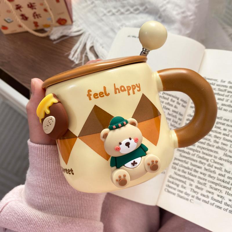 Creative magnetic bear mug cute ceramic mug with lid spoon Korean coffee cup large capacity drinking cup
