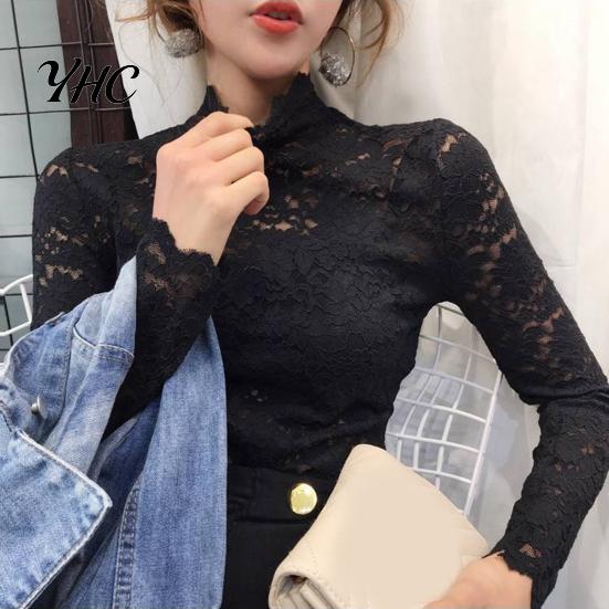 Blouse Half High Collar Long Sleeves See-Through Autumn Top Slim Lace Crochet Patchwork Hollow Tee Streetwear
