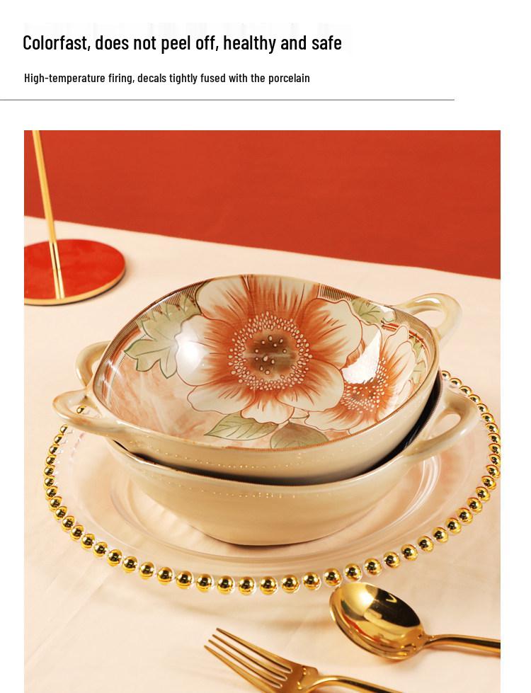 Jasmine 8-Inch Double-Ear Ceramic Bowl – Japanese Style Soup, Salad, or Fruit Bowl with Creative Underglaze Design