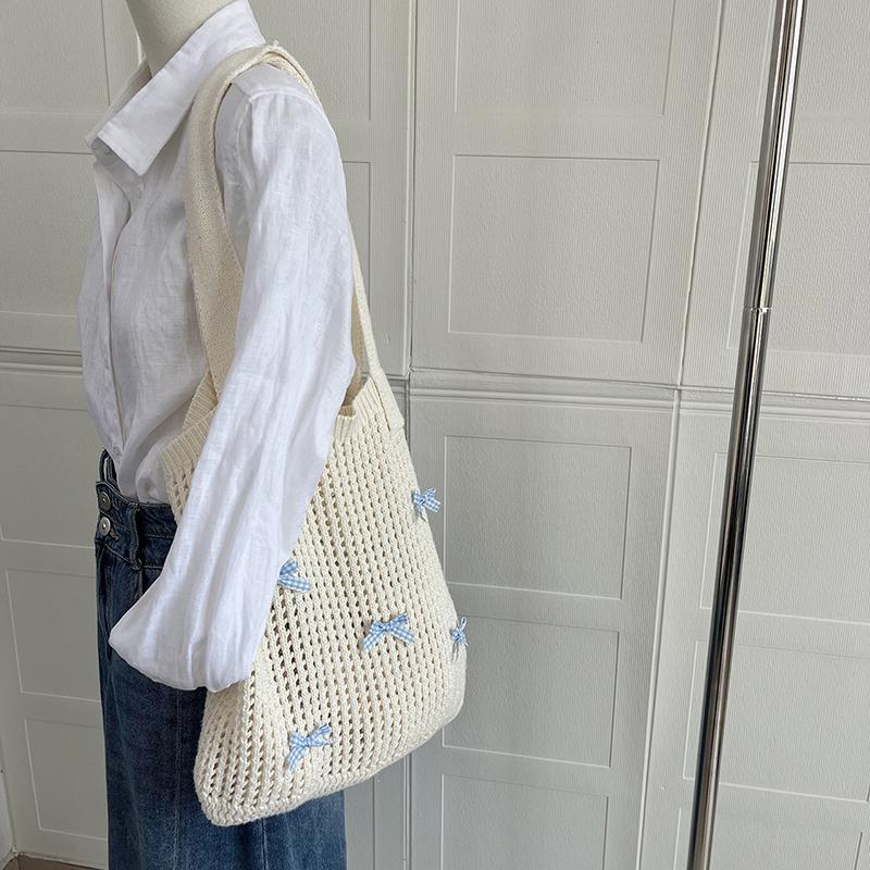 Yogodlns Women's Bow Design Shoulder Bag Raffia Aesthetics Crochet Handbag Purses Knitted Shopping Bag Summer Beach Bag