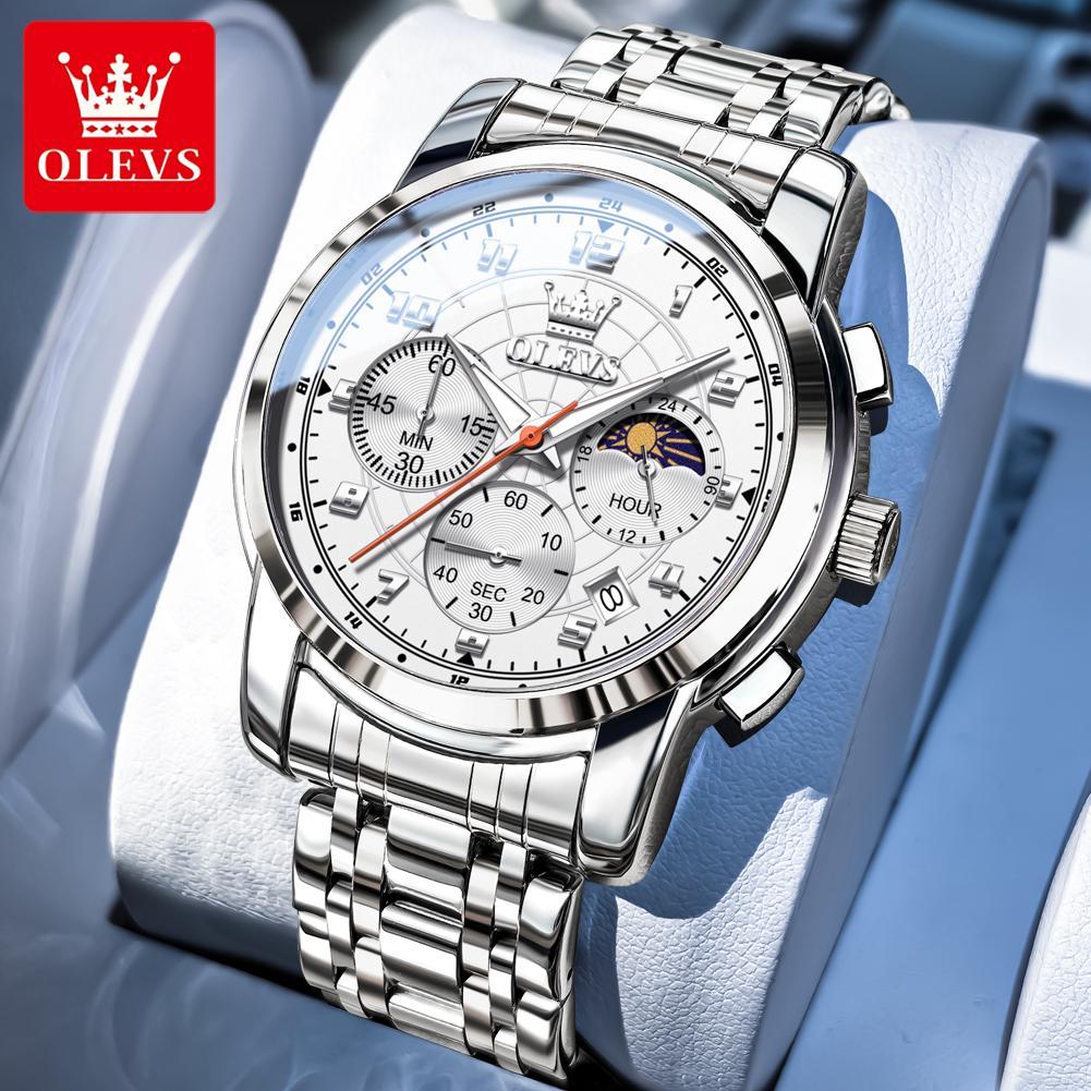 OLEVS Mens Watch Sports Multifunctional Moon Phase Quartz Wristwatch Steel Strap Waterproof Luminous Watches For Man Gift 2983