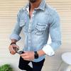 Versione Coreana Slim Fit Casual Misto Cotone Manica Lunga Lavato Vecchio Jeans Camicia da Uomo Giacca alla Moda