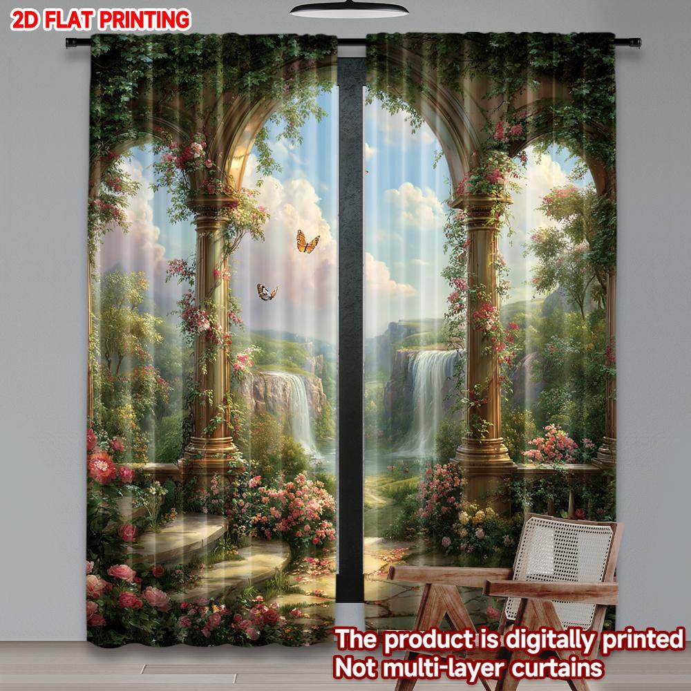 Arch Window Garden View Curtains Digital Printing Landscape Flowers Butterfly Waterfall Cozy Bedroom Living Room Set Of 2 Made Polyester Area Decor