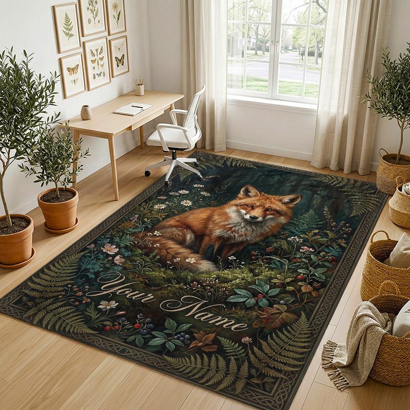 Fox Flowers Theme Soft Crystal Velvet Rug Custom Name & Text Print Non Slip Floor Rug for Bedroom Living Room