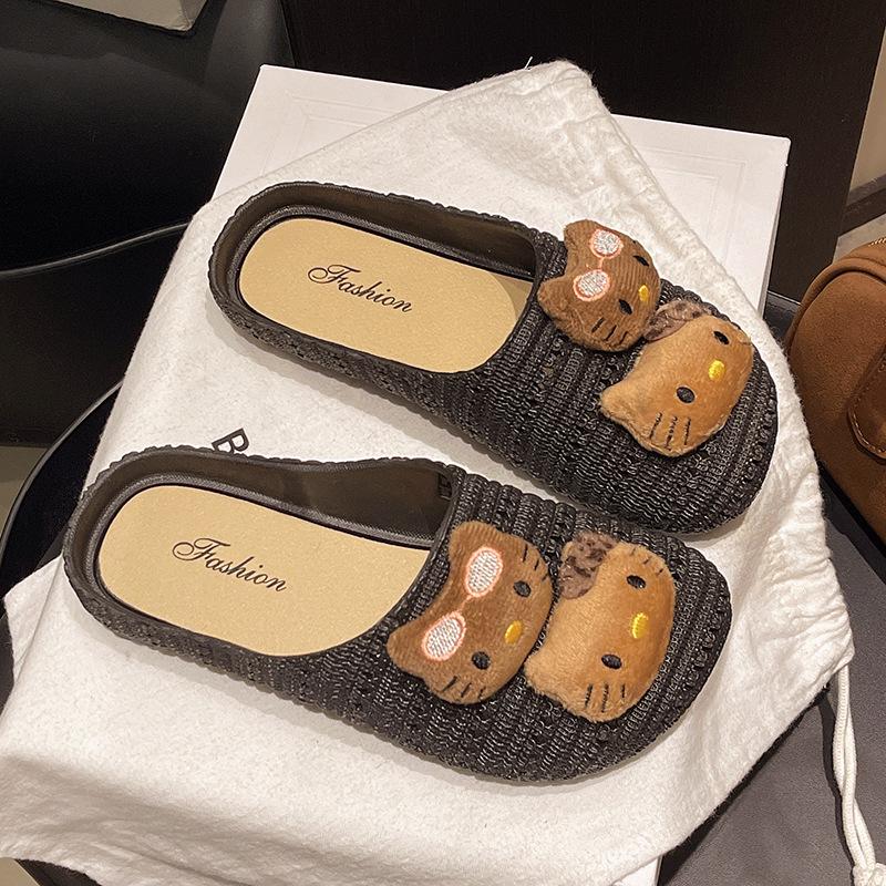 Cute Hello Kitty Soft Bottom Cool Slippers Women's Summer Breathable One Pedal Bag Head Drag Lightweight Versatile Hollow Half Pack Drag