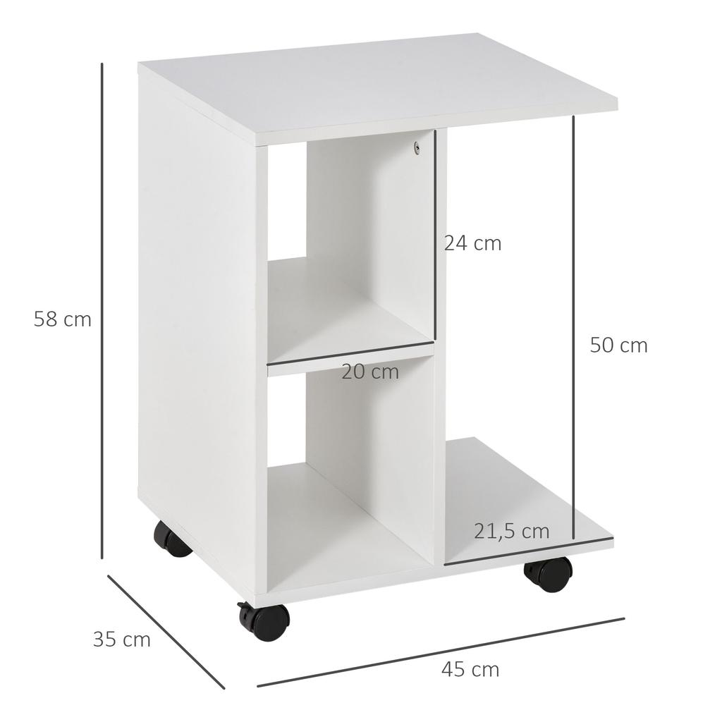 Side Table With Wheels C Shaped Sofa Table With Open Shelves For Living Room 45x35x58 Cm White