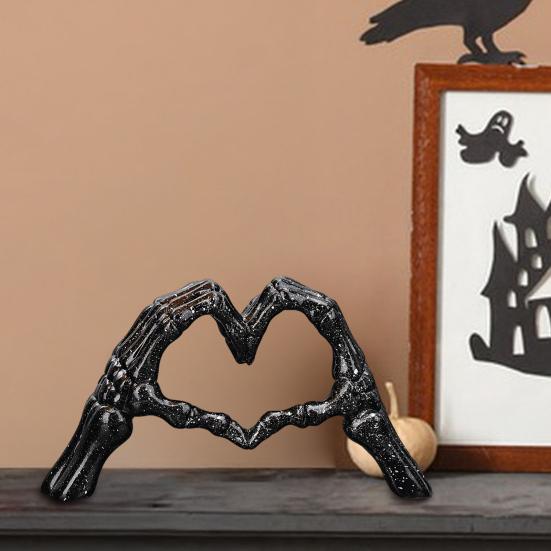Skeleton Heart Hands Figurine Resin Love Gesture Statue Gothic Heart Shape Skeleton Hands Ornament for Home Halloween Desktop Decor