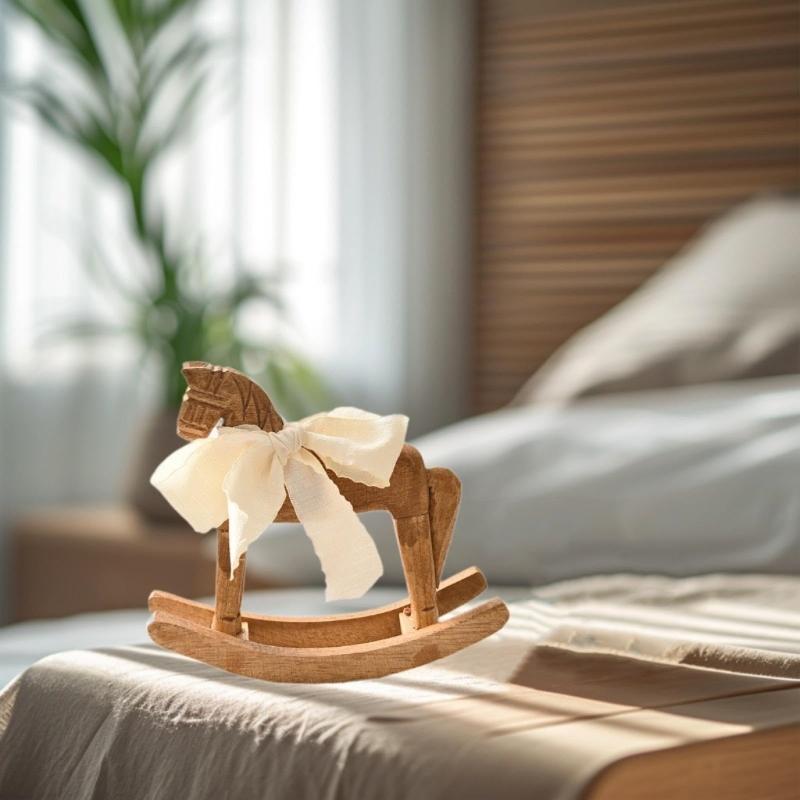 Simple Design Wooden Rocking Horse Figurine with White Ribbon for Home Nursery Table Decoration and Collectible Display
