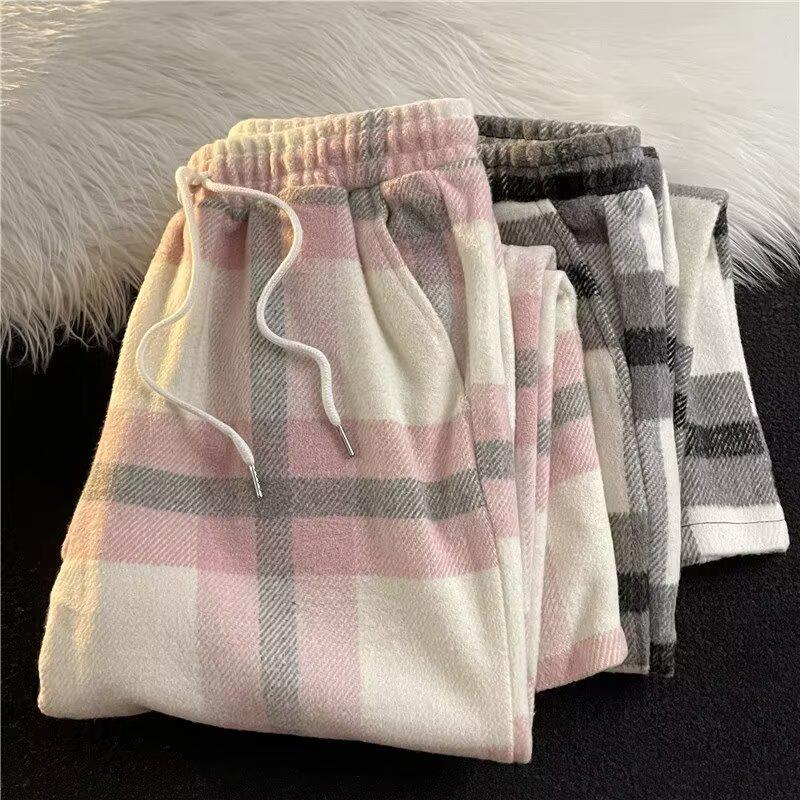 Women's Pink Plaid Woolen Wide-Leg Pants: Thick, Straight, 2024 Style, Slim-Fit.