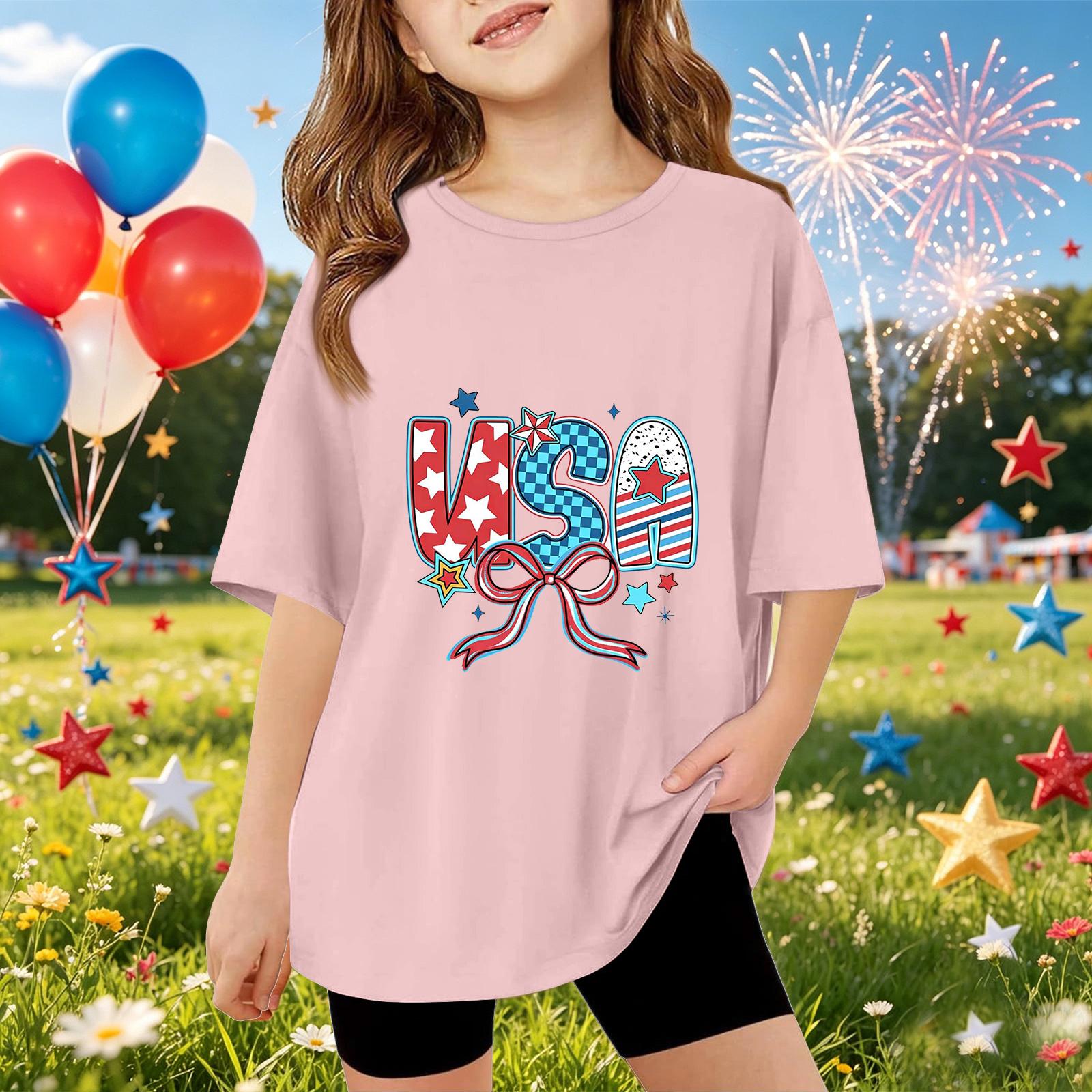

Kids Short Sleeve T-Shirt USA Graphic Print Top Independence Day Casual Summer Tee for Boys Girls 120 розовый