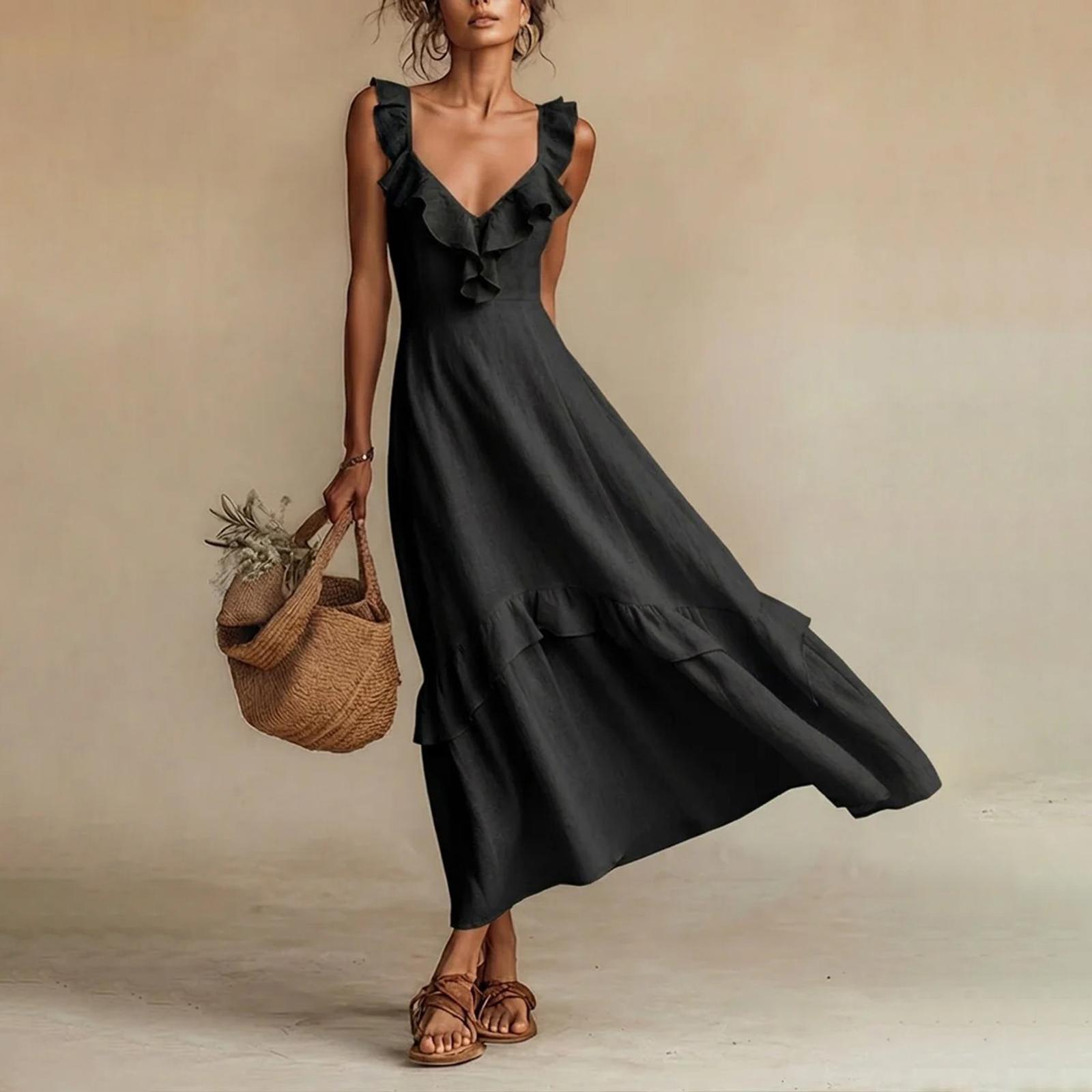 Women s Casual And Fashionable V-neck Lace-edged Flared Sleeve Dress L