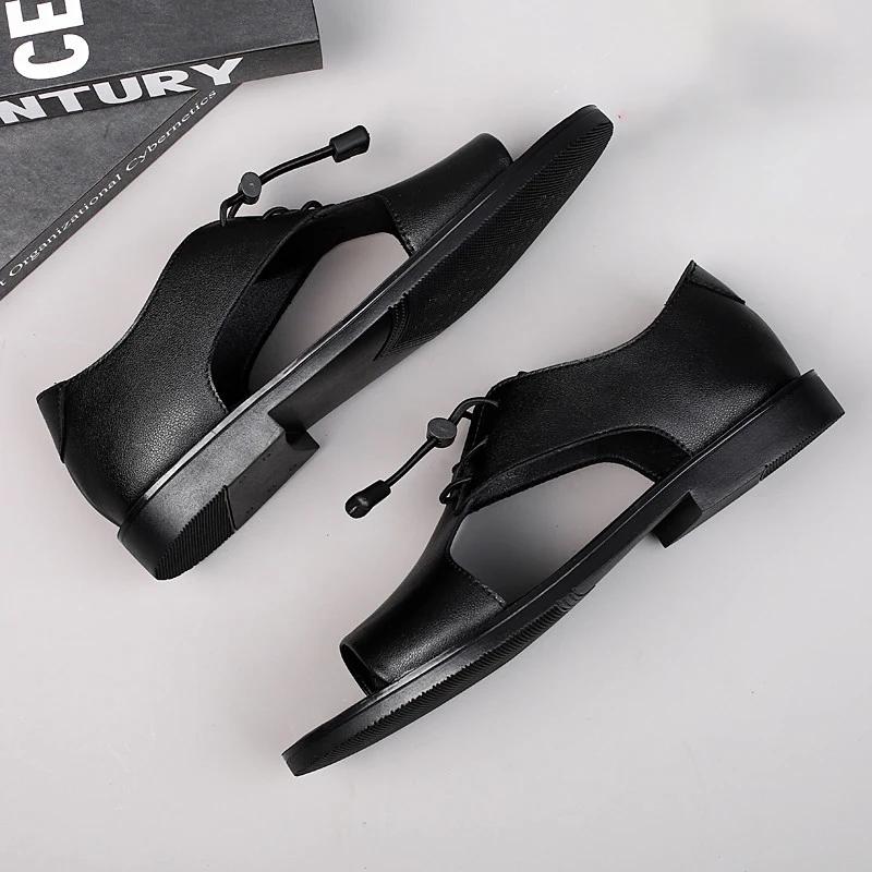 FashionHandmade Male Dress Sandals Men Casual Genuine Leather Mens Summer Shoes Outdoor Flats for Men Punk Style Hollow Out Footwear