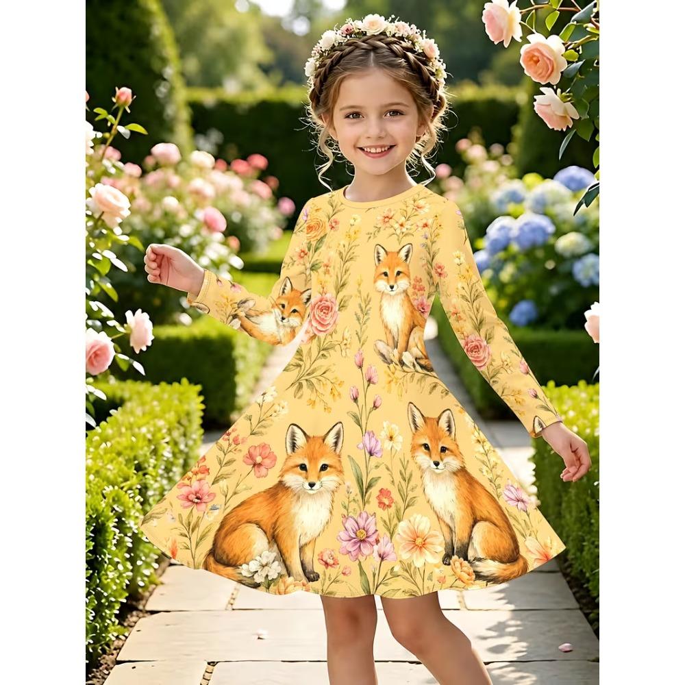 Girl Casual 3D Fox Floral Print Round Neck Long Sleeve Dress Kid Princess Dress