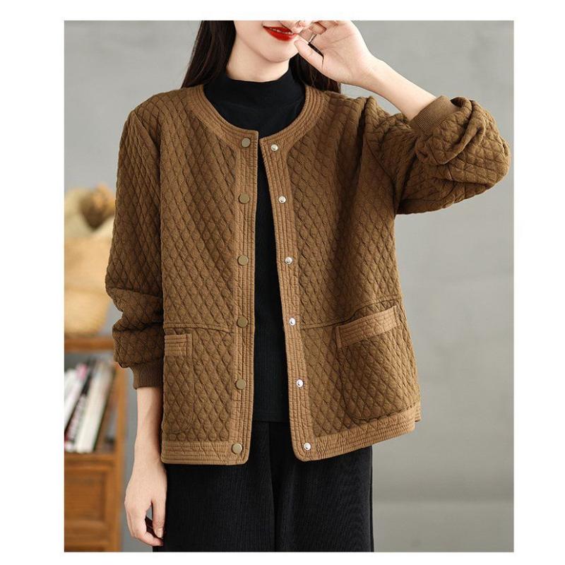 Fashionable Casual Cotton Diamond Hoodie Short Jacket Women Age-reducing Slimming Round Neck Long-sleeved Cardigan