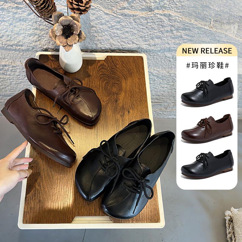 The first layer of cowhide fashion single shoes spring and summer new retro versatile Mary Jane shoes women's casual flat-bottomed small leather shoes
