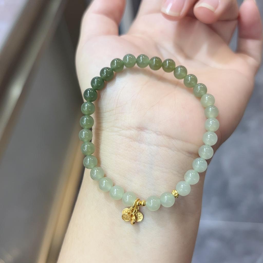 Natural Hetian Jade Gradient Bracelet In Blue and White, New Chinese Style, Artistic Retro Design, "Peace Every Year" Pure Silver Fortune Charm