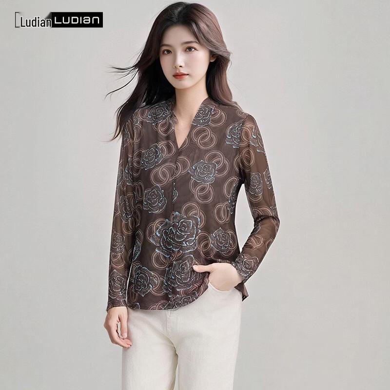 Women s V-Neck Soft Mesh Floral Print Long Sleeve Top 2XL