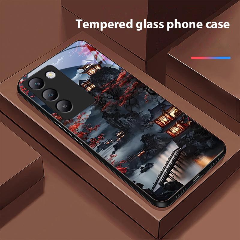 Gebäude im alten Stil für Y72 33S 11 03 36 96 Lite 35 16 Iqoo 12 V40 SE 5G 29 40 21 30 X80 Pro Vivo Handyhülle aus gehärtetem Glas Schwarz