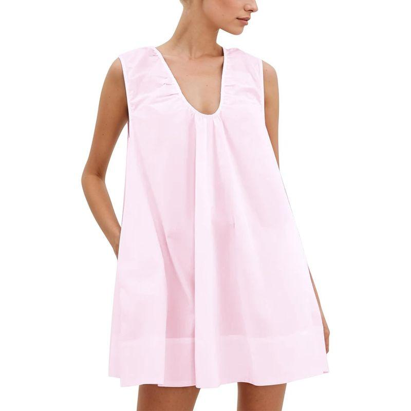 

Western Style New Fashion Casual Loose Sleeveless V-neck Vest Dress Mini Sleeveless Dress Pink L